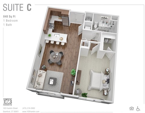 Floor plan for 1 bed, 1 bath, 848 sqft